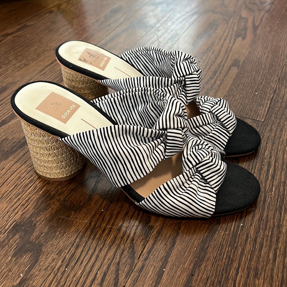 Dolce Vita Black and White Knotted Striped Espadrille Block Heel Mules
